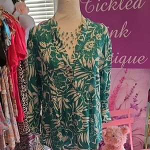 Ava & Grace Emerald Green Leaf Print And Sequin Embellished Blouse NWOT